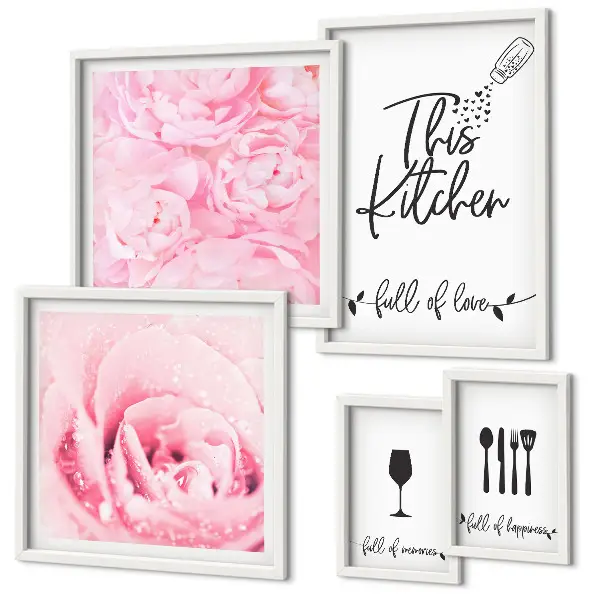 Set van moderne schilderijen met keukeninspiratie, rozen en accessoires