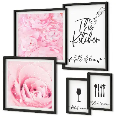 Set van moderne schilderijen met keukeninspiratie, rozen en accessoires