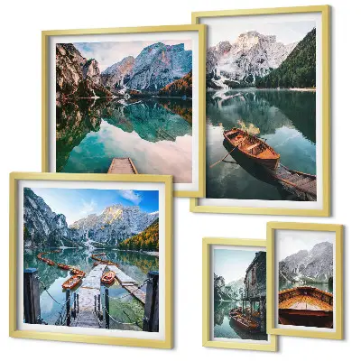 Wanddecoratie compositie rustige meren met houten boten