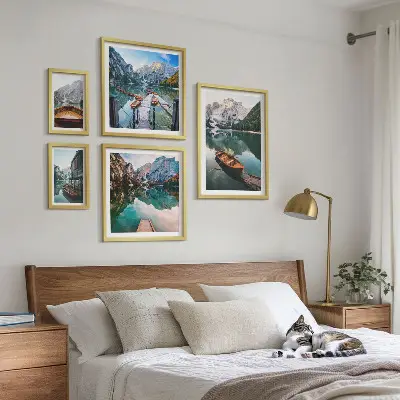 Wanddecoratie compositie rustige meren met houten boten