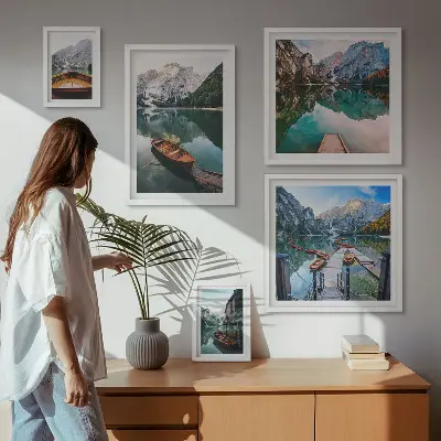 Wanddecoratie compositie rustige meren met houten boten