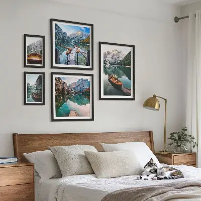 Wanddecoratie compositie rustige meren met houten boten