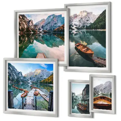 Wanddecoratie compositie rustige meren met houten boten