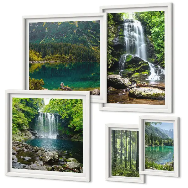 Moderne schilderijen set met watervallen en boslandschappen