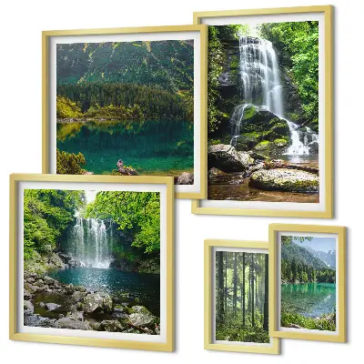 Moderne schilderijen set met watervallen en boslandschappen