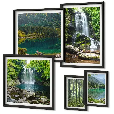 Moderne schilderijen set met watervallen en boslandschappen