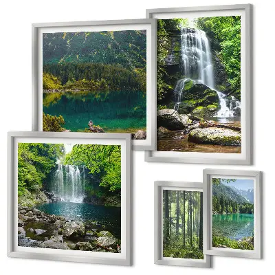 Moderne schilderijen set met watervallen en boslandschappen