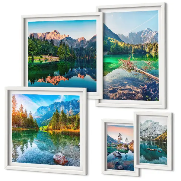 Moderne schilderijen set met berglandschappen, meren en bossen
