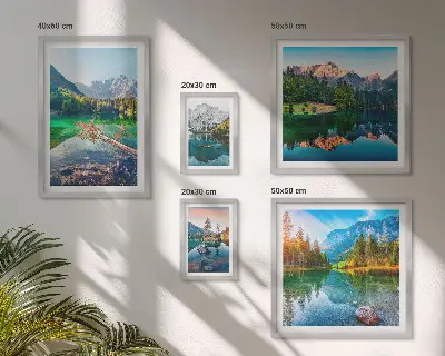 Moderne schilderijen set met berglandschappen, meren en bossen