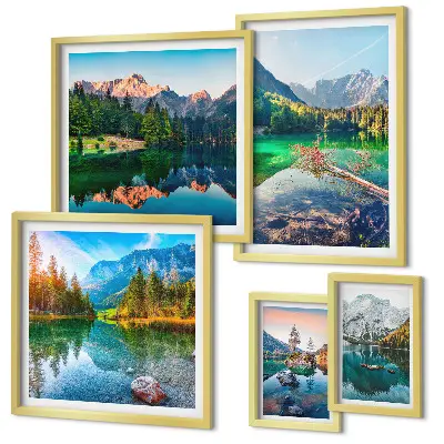 Moderne schilderijen set met berglandschappen, meren en bossen