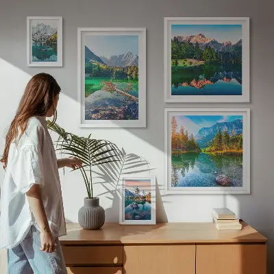 Moderne schilderijen set met berglandschappen, meren en bossen