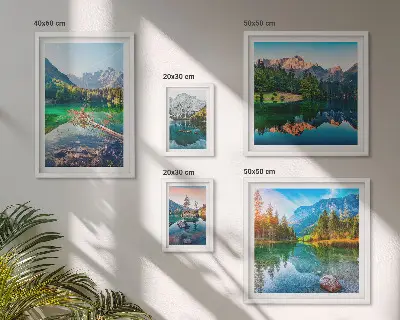 Moderne schilderijen set met berglandschappen, meren en bossen
