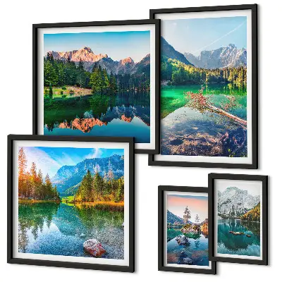 Moderne schilderijen set met berglandschappen, meren en bossen