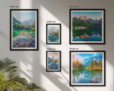 Moderne schilderijen set met berglandschappen, meren en bossen