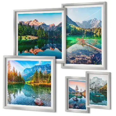 Moderne schilderijen set met berglandschappen, meren en bossen