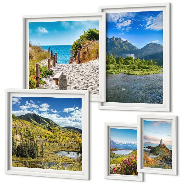 Moderne schilderijenset met landschappen van bergen en stranden