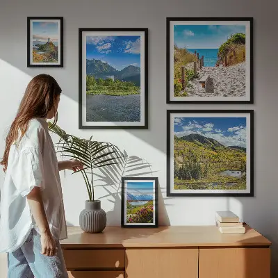 Moderne schilderijenset met landschappen van bergen en stranden