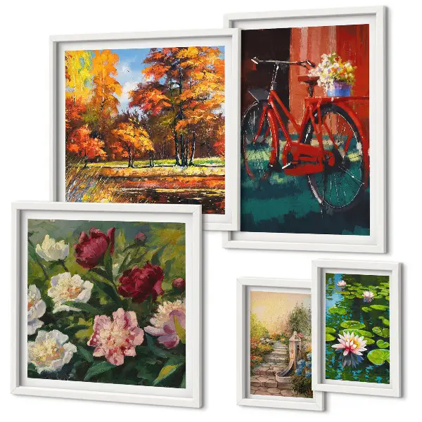 Set van moderne schilderijen met pittoreske bloemenfietsen