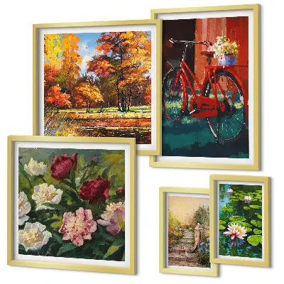 Set van moderne schilderijen met pittoreske bloemenfietsen