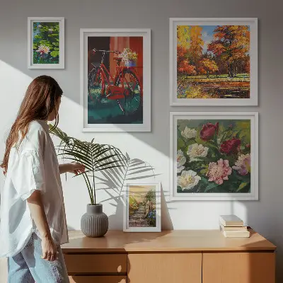 Set van moderne schilderijen met pittoreske bloemenfietsen