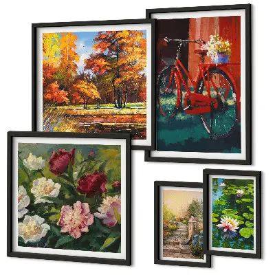 Set van moderne schilderijen met pittoreske bloemenfietsen