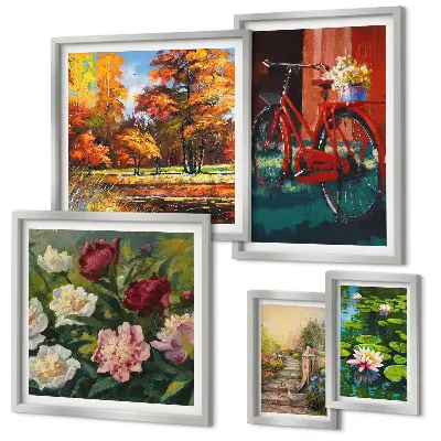 Set van moderne schilderijen met pittoreske bloemenfietsen