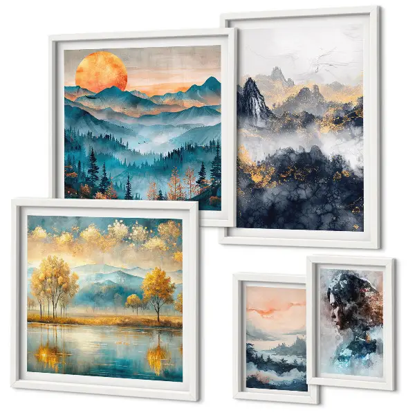 Wanddecoratie compositie met berglandschappen en portretten