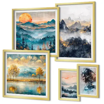 Wanddecoratie compositie met berglandschappen en portretten