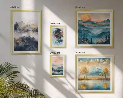 Wanddecoratie compositie met berglandschappen en portretten