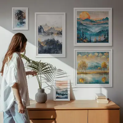 Wanddecoratie compositie met berglandschappen en portretten