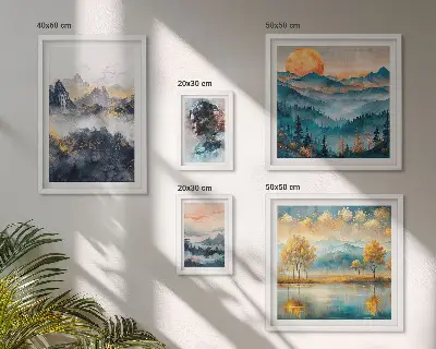 Wanddecoratie compositie met berglandschappen en portretten
