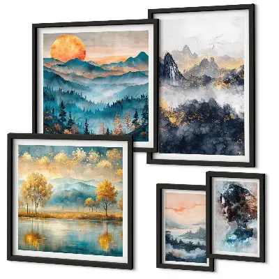 Wanddecoratie compositie met berglandschappen en portretten