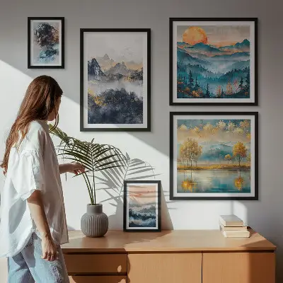 Wanddecoratie compositie met berglandschappen en portretten