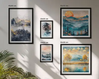 Wanddecoratie compositie met berglandschappen en portretten