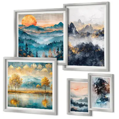 Wanddecoratie compositie met berglandschappen en portretten