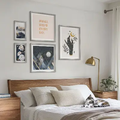 Set van moderne schilderijen in boho-stijl met natuur en teksten