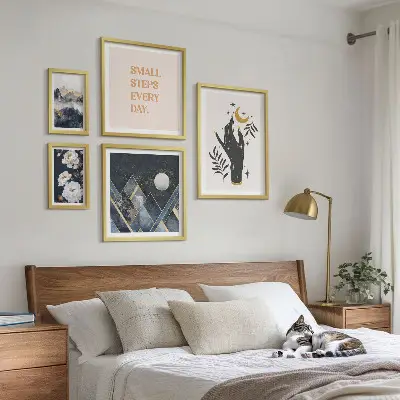Set van moderne schilderijen in boho-stijl met natuur en teksten