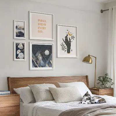 Set van moderne schilderijen in boho-stijl met natuur en teksten