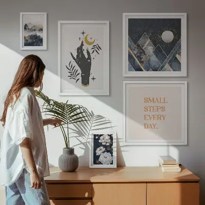 Set van moderne schilderijen in boho-stijl met natuur en teksten