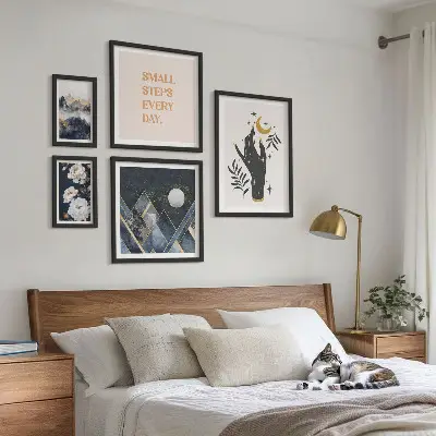 Set van moderne schilderijen in boho-stijl met natuur en teksten