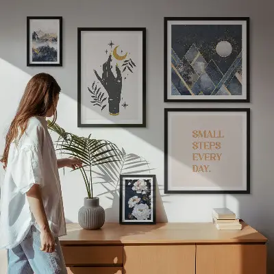 Set van moderne schilderijen in boho-stijl met natuur en teksten