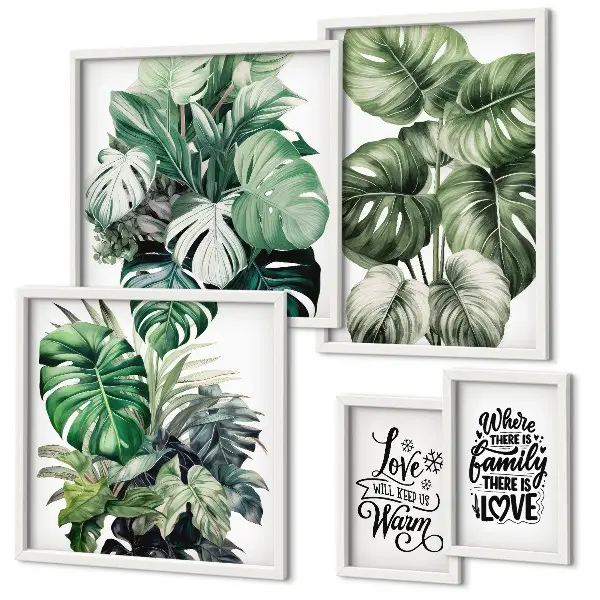 Gallery wall met plantenmotieven en boho citaten