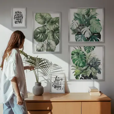 Gallery wall met plantenmotieven en boho citaten