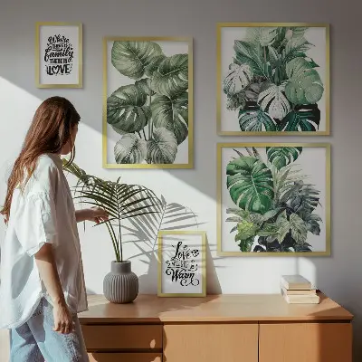 Gallery wall met plantenmotieven en boho citaten