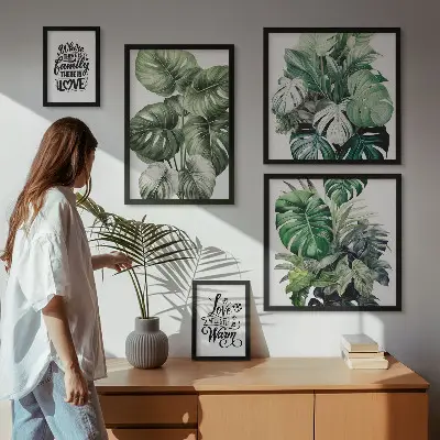 Gallery wall met plantenmotieven en boho citaten