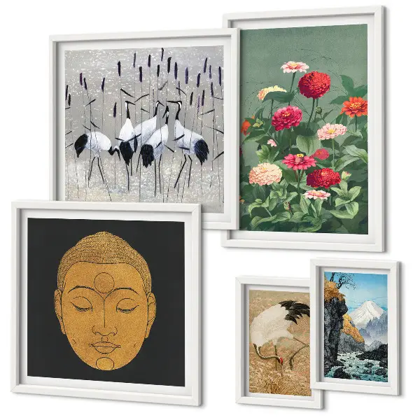 Wanddecoratie compositie met Aziatische landschappen en bloemen