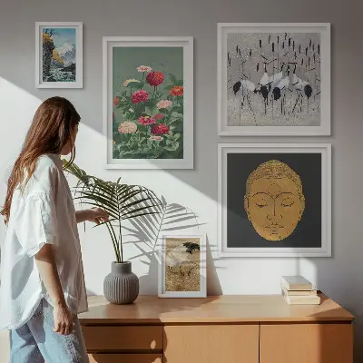Wanddecoratie compositie met Aziatische landschappen en bloemen