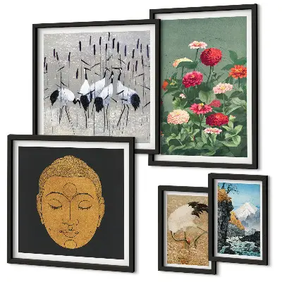 Wanddecoratie compositie met Aziatische landschappen en bloemen