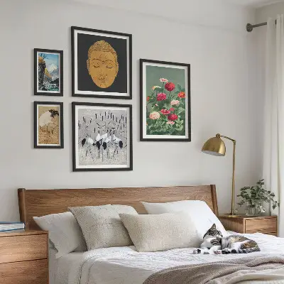 Wanddecoratie compositie met Aziatische landschappen en bloemen