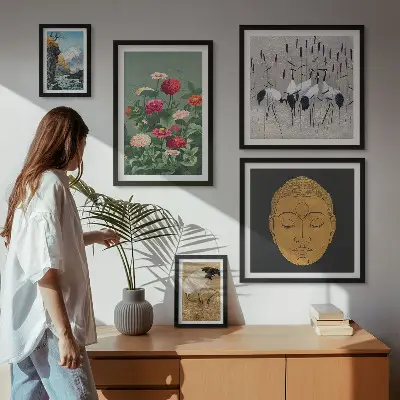 Wanddecoratie compositie met Aziatische landschappen en bloemen